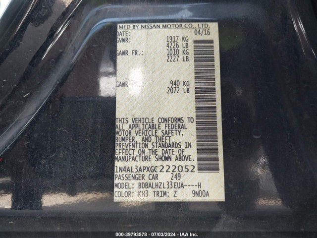 1N4AL3APXGC222052 Nissan Altima 2.5 Sr