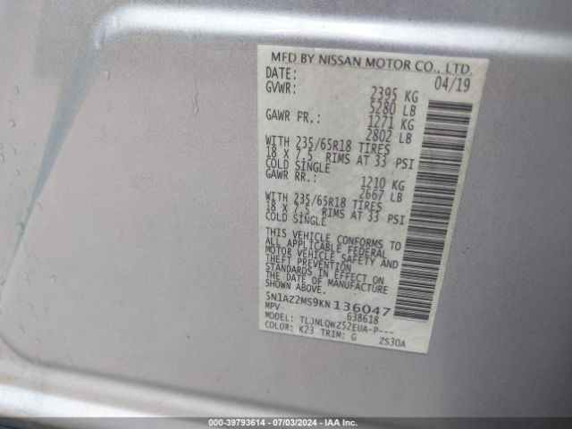 5N1AZ2MS9KN136047 Nissan MURANO SV