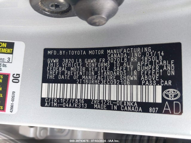 Toyota COROLLA LE 2014 2T1BURHE3EC092106 Image 9