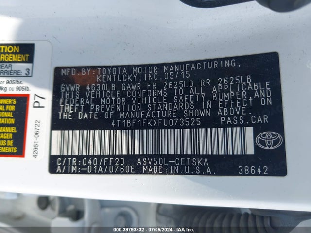 Toyota CAMRY SE 2015 4T1BF1FKXFU073525 Image 9