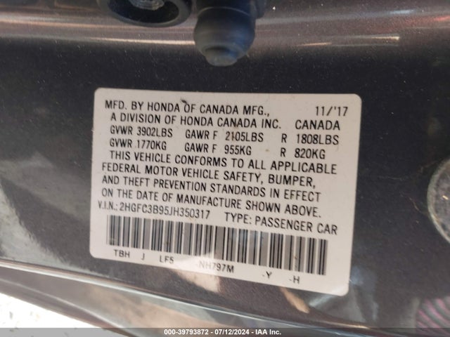 Honda Civic Touring 2018 2HGFC3B95JH350317 Image 9