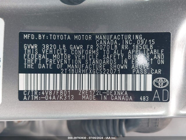 Toyota COROLLA LE 2016 2T1BURHEXGC522071 Image 9