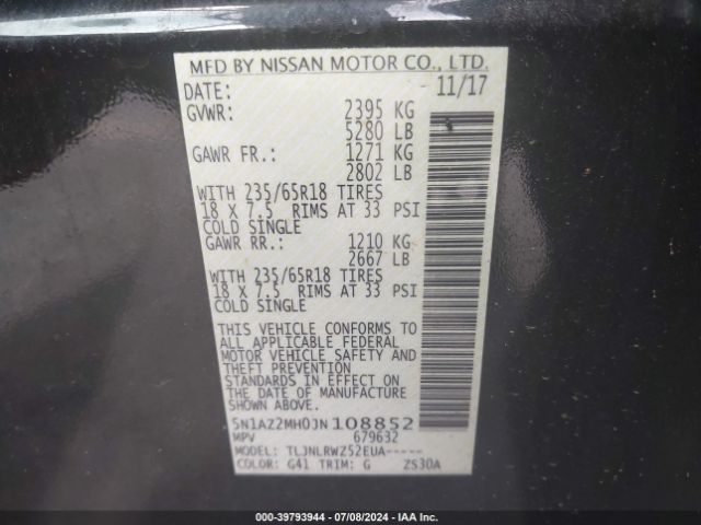5N1AZ2MH0JN108852 Nissan MURANO SL