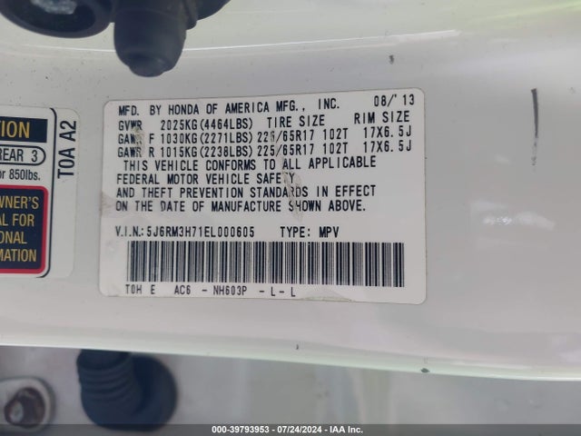 Honda Cr-v Ex-l 2014 5J6RM3H71EL000605 Image 9