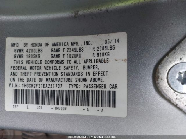 1HGCR2F31EA221707 Honda ACCORD LX