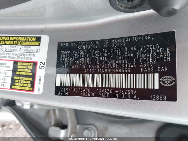 Toyota CAMRY SE 2022 4T1G11AK8NU498669 Image 9