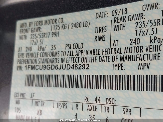 Ford ESCAPE SE 2018 1FMCU9GD6JUD48292 Image 9
