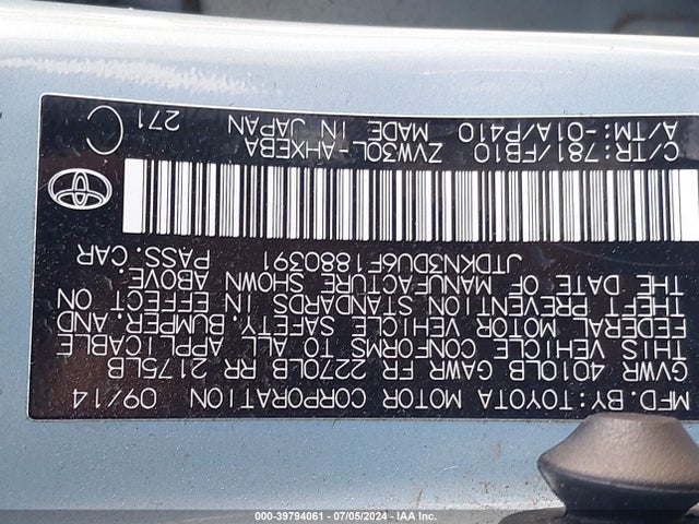 JTDKN3DU6F1880391 Toyota Prius Three