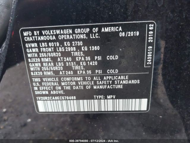 1V2UR2CA6KC579468 Volkswagen Atlas 3.6l V6 Se W/technology
