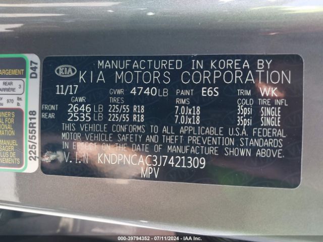 KNDPNCAC3J7421309 KIA Sportage Ex