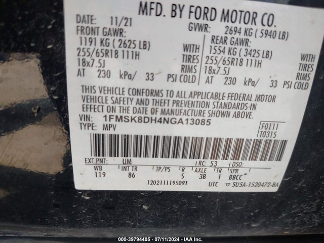 Ford EXPLORER XLT 2022 1FMSK8DH4NGA13085 Image 9