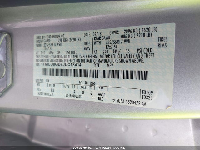Ford ESCAPE SE 2018 1FMCU0GD8JUC18414 Image 9