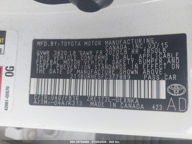 Toyota Corolla Le Plus 2015 2T1BURHE5FC377889 Image 9