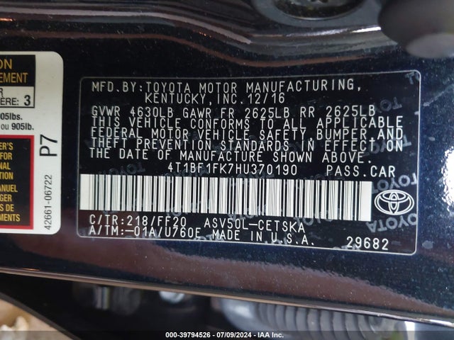 Toyota CAMRY SE 2017 4T1BF1FK7HU370190 Image 9