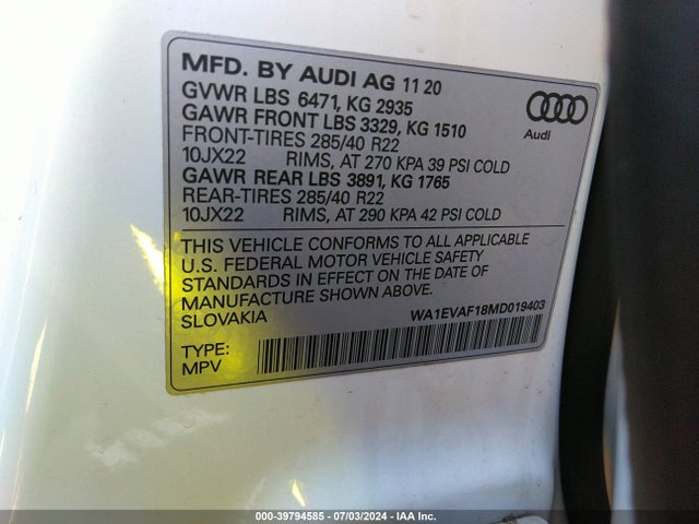 WA1EVAF18MD019403 Audi Q8 Premium Plus 55 Tfsi Quattro Tiptronic