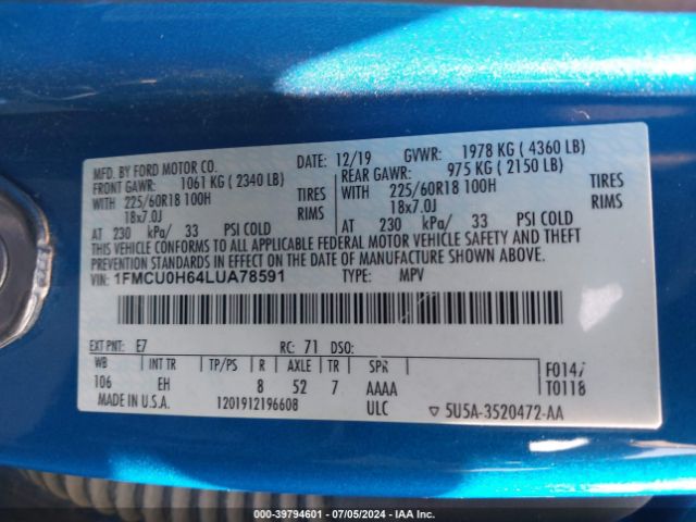 1FMCU0H64LUA78591 Ford ESCAPE SEL