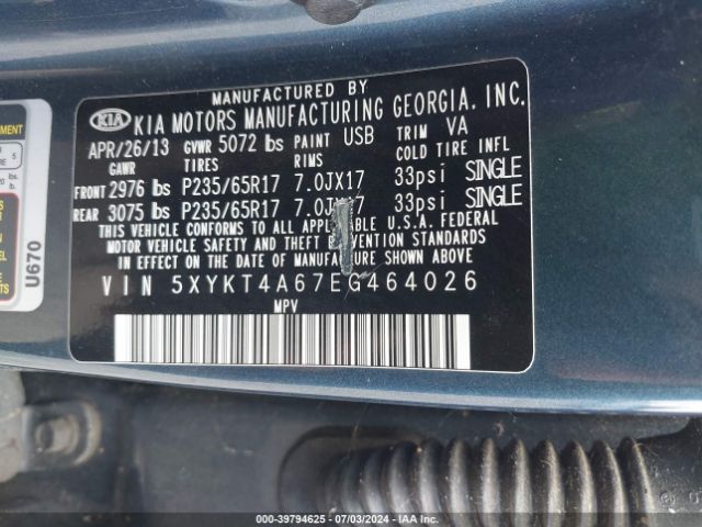 5XYKT4A67EG464026 KIA SORENTO LX