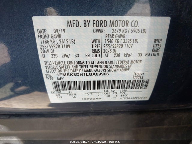 Ford EXPLORER XLT 2020 1FMSK8DH1LGA69966 Image 9