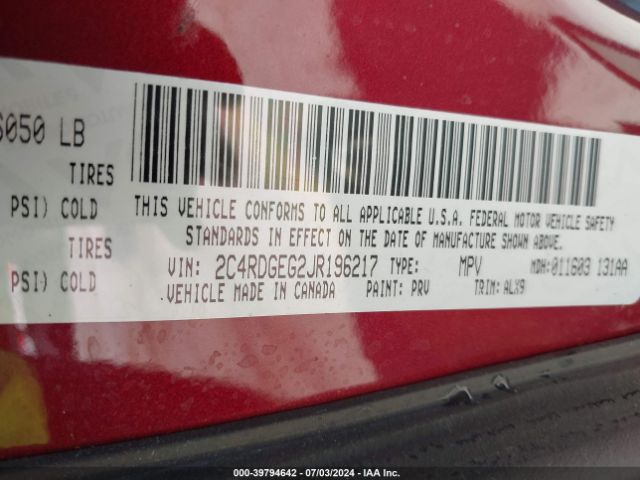 2C4RDGEG2JR196217 Dodge Grand Caravan Gt