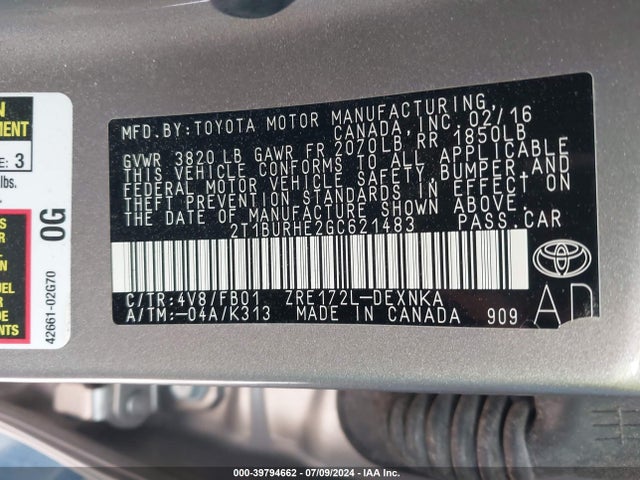 Toyota COROLLA LE 2016 2T1BURHE2GC621483 Image 9