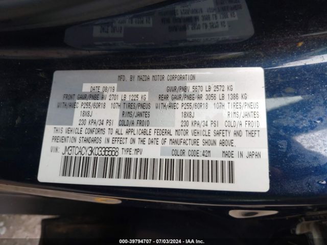 2019 MAZDA CX-9 JM3TCACY3K0336568 Photo 8