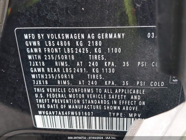 WVGAV7AX4FW591607 Volkswagen TIGUAN SE