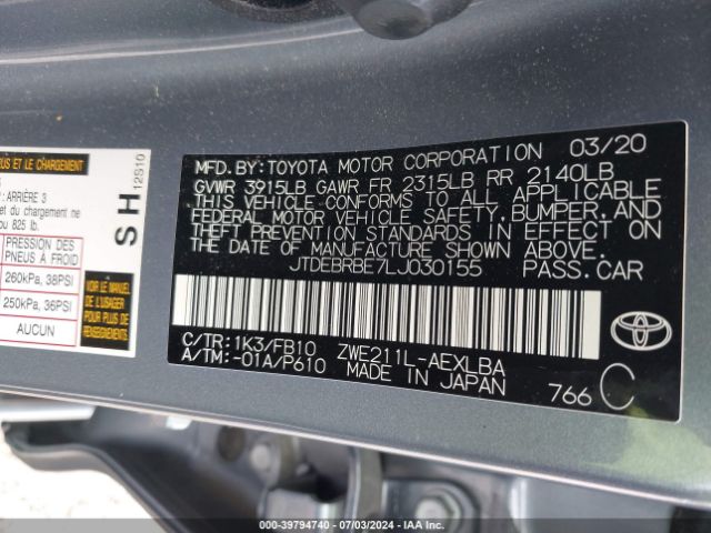 JTDEBRBE7LJ030155 Toyota Corolla Hybrid Le