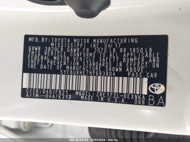 Toyota COROLLA LE 2017 5YFBURHE7HP683804 Image 9