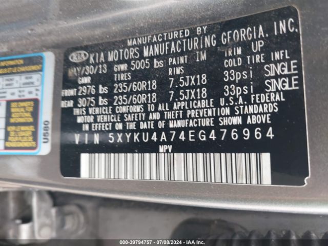 5XYKU4A74EG476964 KIA Sorento Ex V6