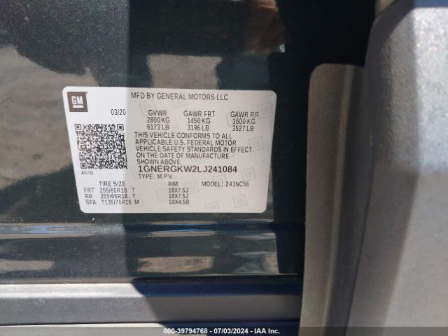 1GNERGKW2LJ241084 Chevrolet Traverse Fwd Lt Cloth