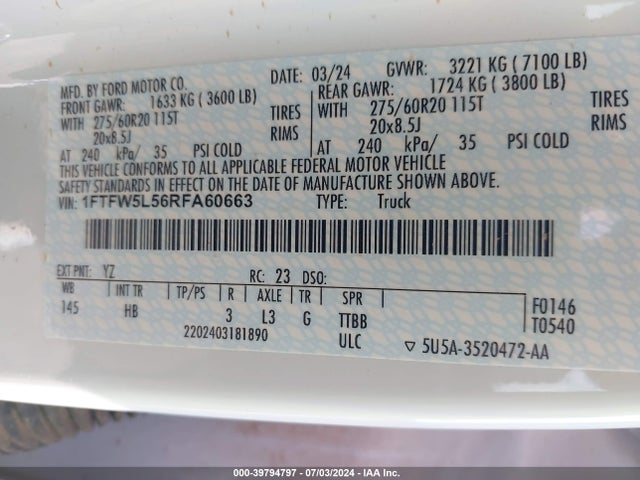 Ford F-150 Lariat 2024 1FTFW5L56RFA60663 Image 9