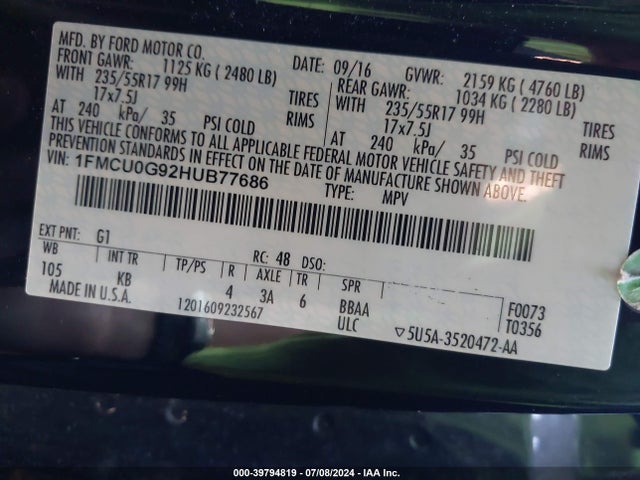 Ford ESCAPE SE 2017 1FMCU0G92HUB77686 Image 9