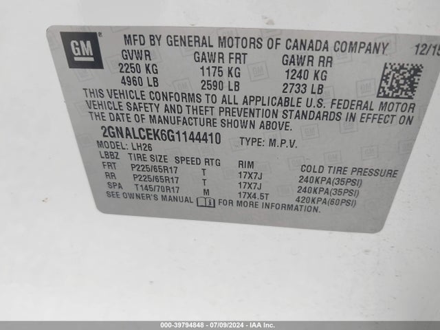 Chevrolet EQUINOX LT 2016 2GNALCEK6G1144410 Image 9