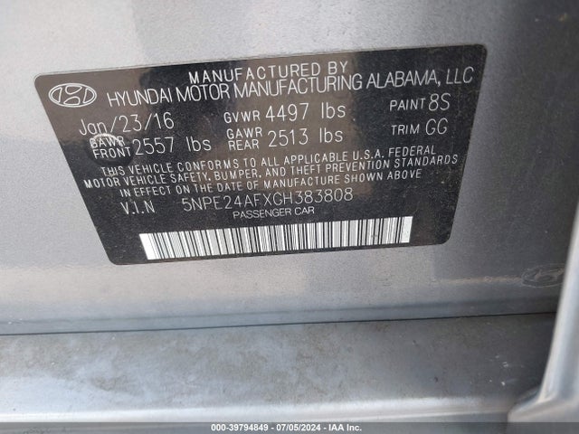 Hyundai SONATA SE 2016 5NPE24AFXGH383808 Image 9