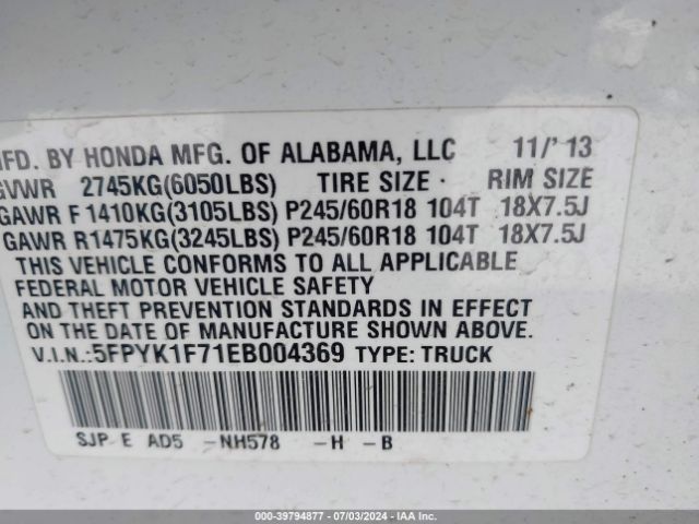 5FPYK1F71EB004369 Honda Ridgeline Sport