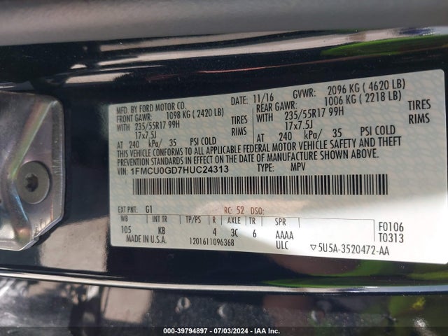 Ford ESCAPE SE 2017 1FMCU0GD7HUC24313 Image 9