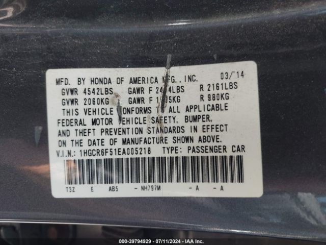 1HGCR6F51EA005218 Honda Accord Hybrid Ex-l