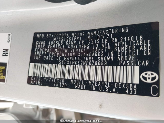 Toyota COROLLA SE 2021 5YFS4MCE2MP078089 Image 9