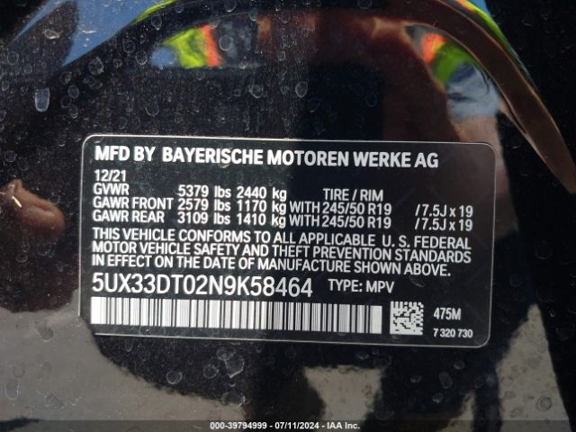 5UX33DT02N9K58464 BMW X4 Xdrive30i