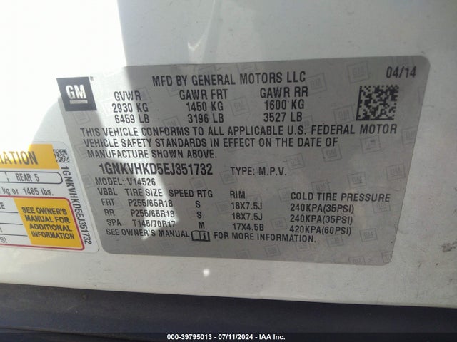 Chevrolet Traverse 2lt 2014 1GNKVHKD5EJ351732 Image 9
