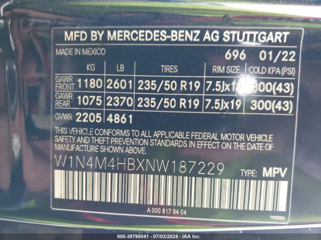 W1N4M4HBXNW187229 Mercedes-Benz Glb 250 4matic