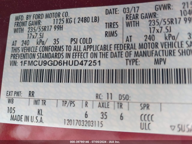 Ford ESCAPE SE 2017 1FMCU9GD6HUD47251 Image 9