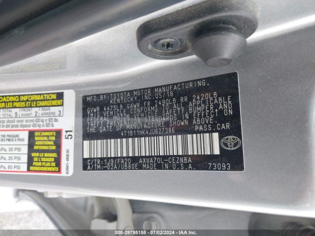 4T1B11HK4JU627386 Toyota CAMRY LE