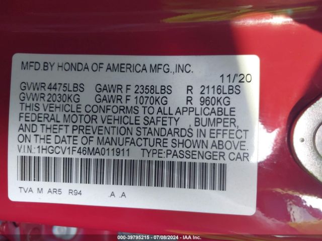 1HGCV1F46MA011911 Honda Accord Sport Special Edition