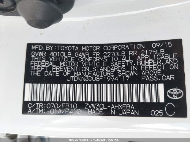 Toyota Prius Two 2015 JTDKN3DU8F1994117 Image 9
