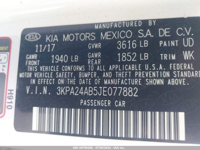 3KPA24AB5JE077882 KIA RIO S