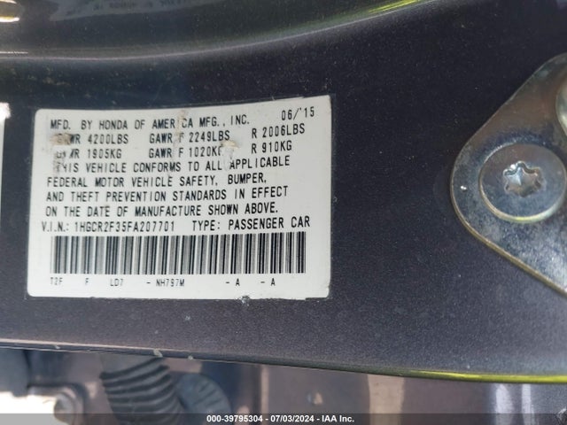 Honda ACCORD LX 2015 1HGCR2F35FA207701 Image 9
