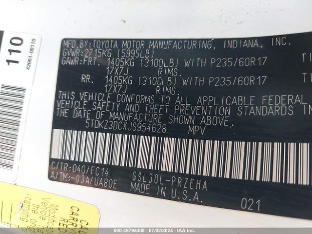 Toyota Sienna Le 8 Passenger 2018 5TDKZ3DCXJS954628 Image 9