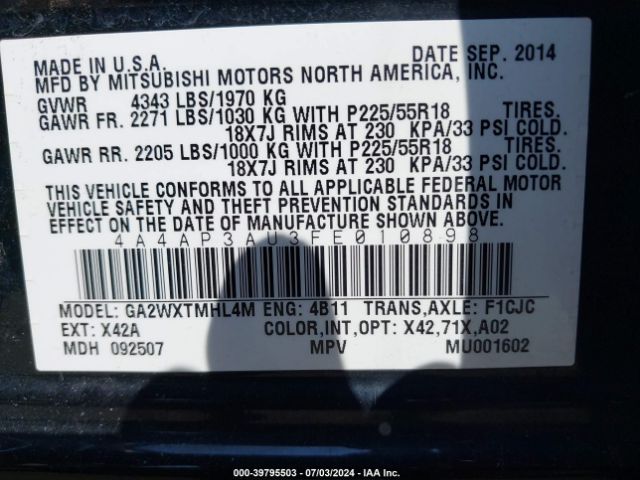 4A4AP3AU3FE010898 Mitsubishi Outlander Sport Es