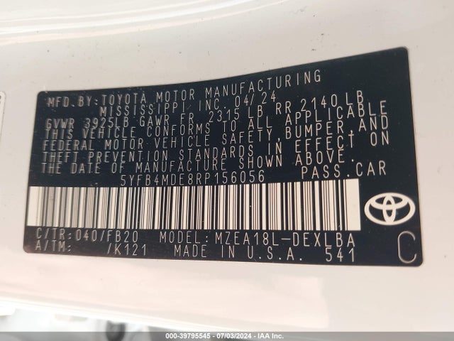 Toyota COROLLA LE 2024 5YFB4MDE8RP156056 Image 9
